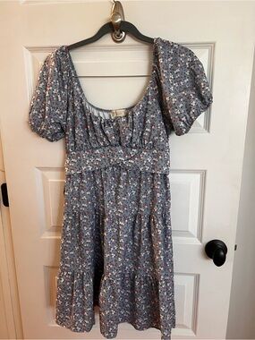 Altar'd State Dusty Blue Floral Tiered Dress with Coral Accents
